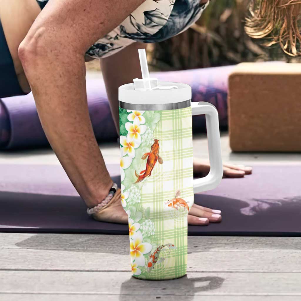 Hawaii And Japan Tumbler With Handle Plumeria Lei With Koi Fish Green - Polynesian Pride