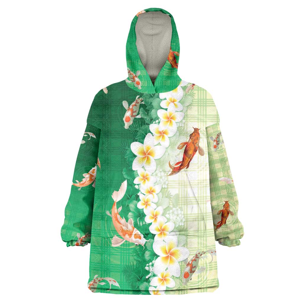 Hawaii And Japan Wearable Blanket Hoodie Plumeria Lei With Koi Fish Green LT05 One Size Green - Polynesian Pride