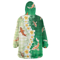 Hawaii And Japan Wearable Blanket Hoodie Plumeria Lei With Koi Fish Green LT05 - Polynesian Pride