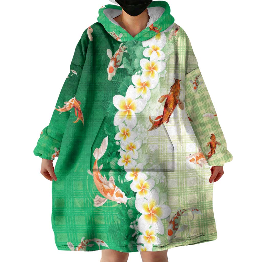 Hawaii And Japan Wearable Blanket Hoodie Plumeria Lei With Koi Fish Green LT05 - Polynesian Pride
