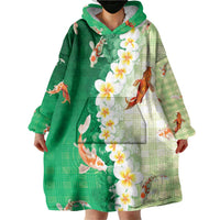 Hawaii And Japan Wearable Blanket Hoodie Plumeria Lei With Koi Fish Green LT05 - Polynesian Pride
