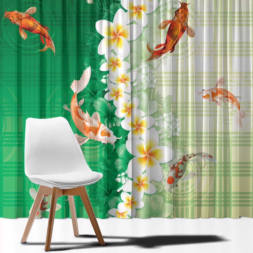 Hawaii And Japan Window Curtain Plumeria Lei With Koi Fish Green LT05 - Polynesian Pride