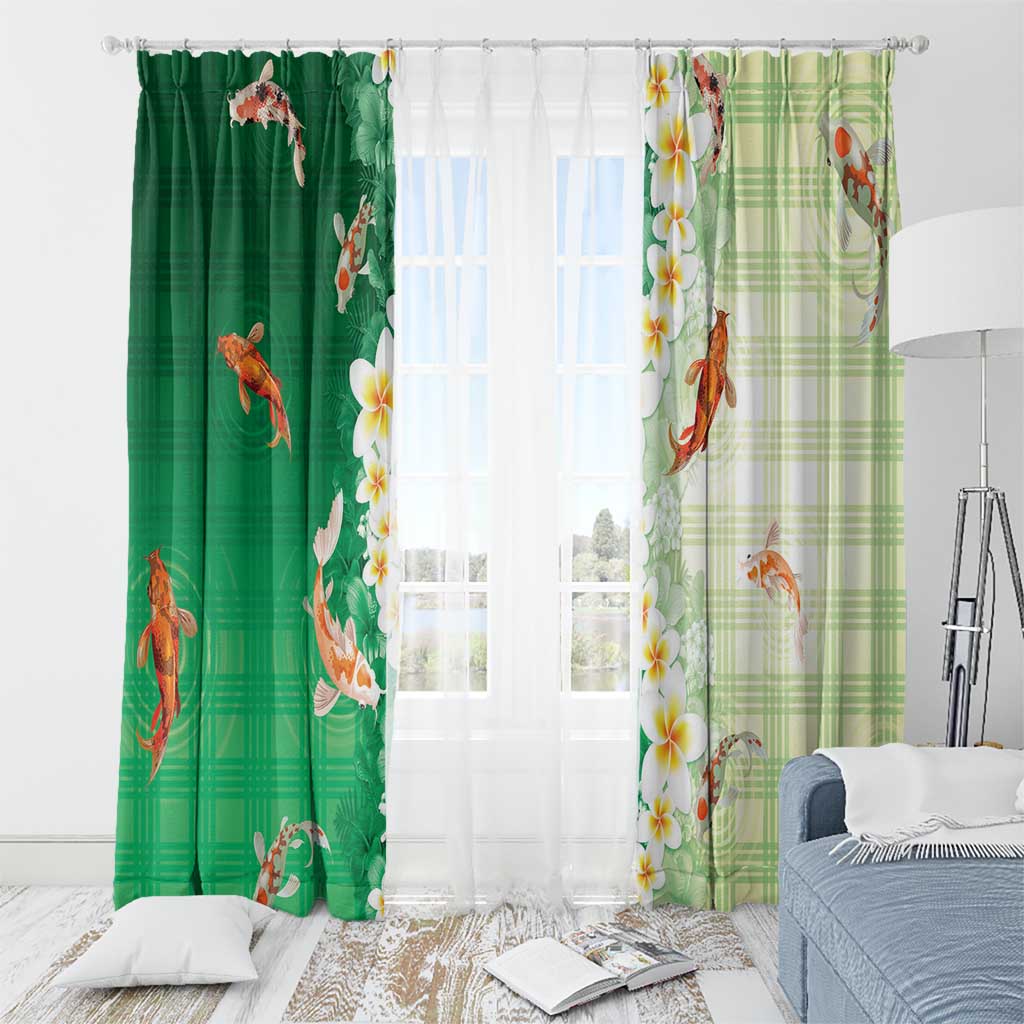 Hawaii And Japan Window Curtain Plumeria Lei With Koi Fish Green LT05 - Polynesian Pride