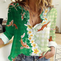 Hawaii And Japan Women Casual Shirt Plumeria Lei With Koi Fish Green LT05 Female Green - Polynesian Pride