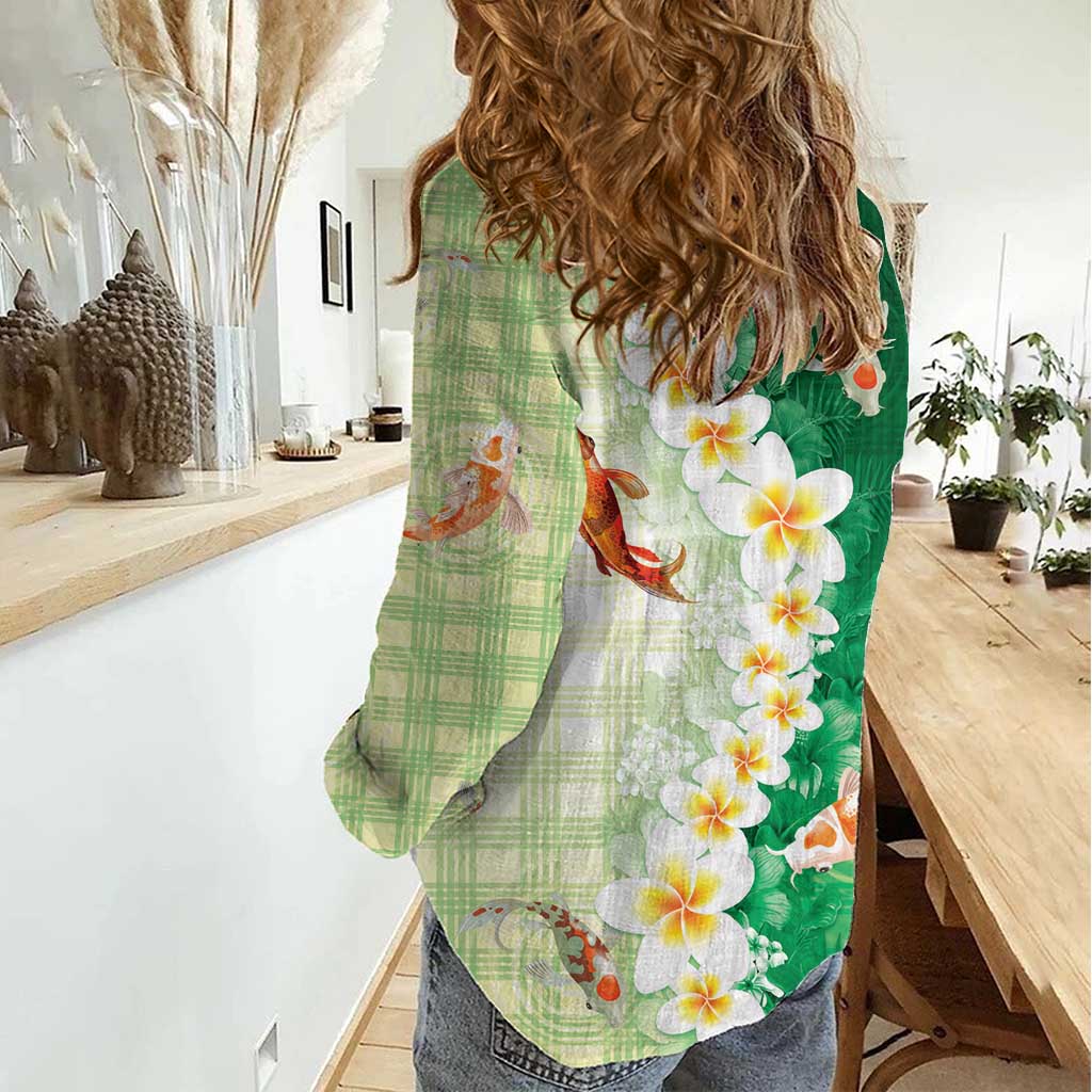 Hawaii And Japan Women Casual Shirt Plumeria Lei With Koi Fish Green LT05 - Polynesian Pride