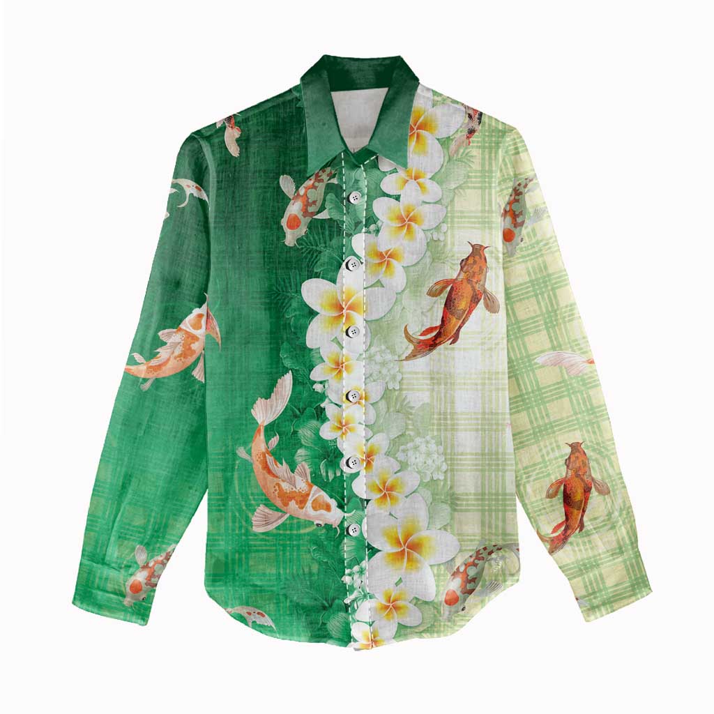 Hawaii And Japan Women Casual Shirt Plumeria Lei With Koi Fish Green LT05 - Polynesian Pride