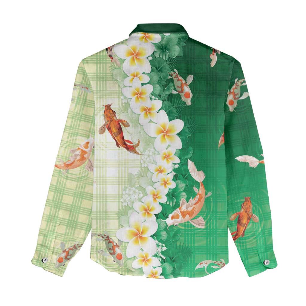 Hawaii And Japan Women Casual Shirt Plumeria Lei With Koi Fish Green LT05 - Polynesian Pride