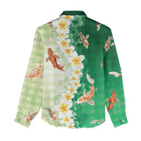 Hawaii And Japan Women Casual Shirt Plumeria Lei With Koi Fish Green LT05 - Polynesian Pride