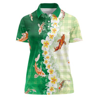 Hawaii And Japan Women Polo Shirt Plumeria Lei With Koi Fish Green LT05 Female Green - Polynesian Pride