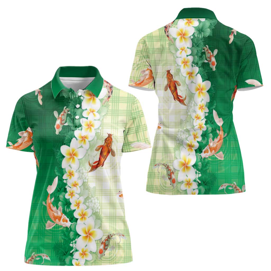 Hawaii And Japan Women Polo Shirt Plumeria Lei With Koi Fish Green LT05 - Polynesian Pride