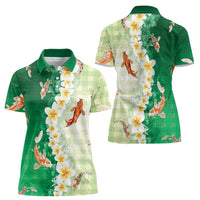 Hawaii And Japan Women Polo Shirt Plumeria Lei With Koi Fish Green LT05 - Polynesian Pride