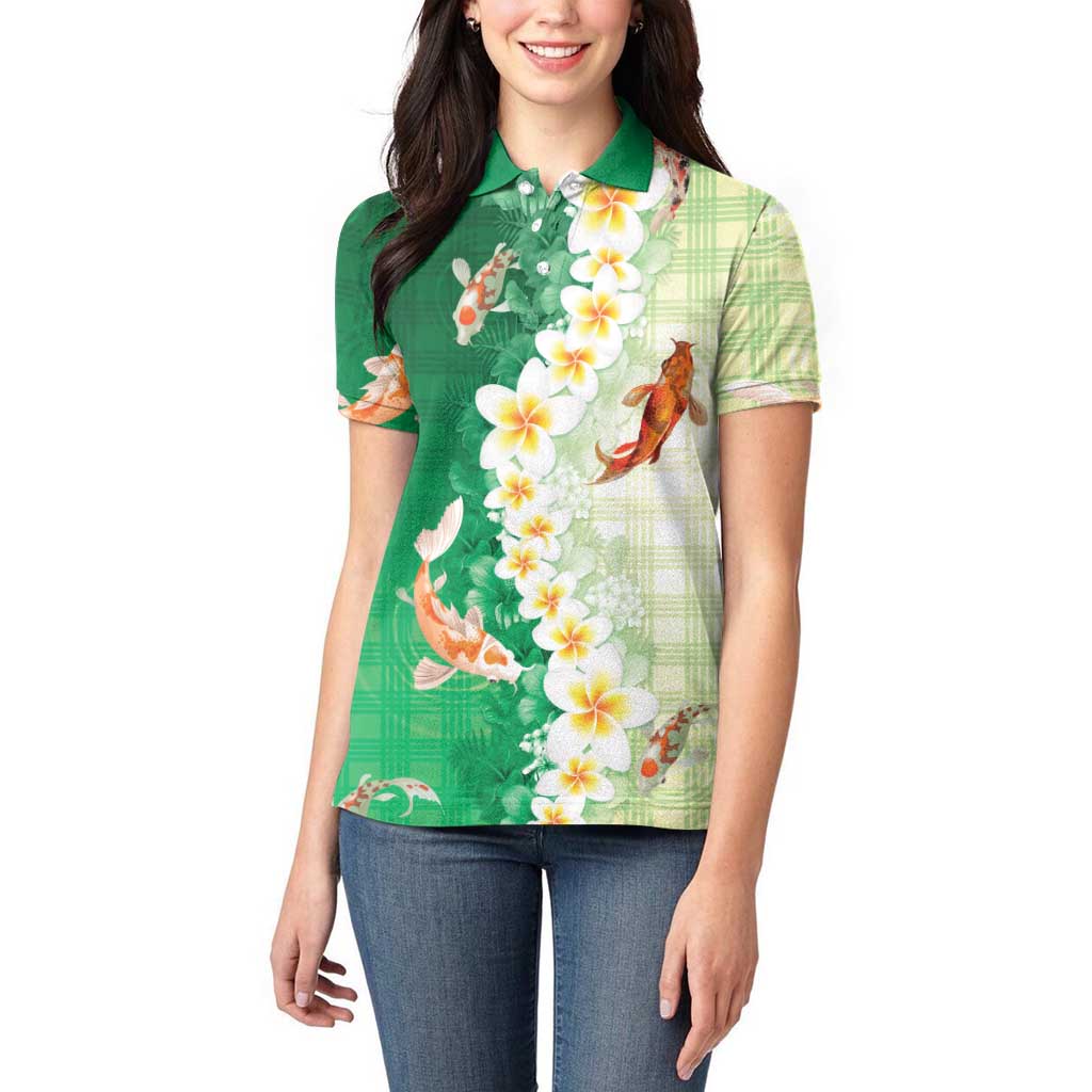 Hawaii And Japan Women Polo Shirt Plumeria Lei With Koi Fish Green LT05 - Polynesian Pride