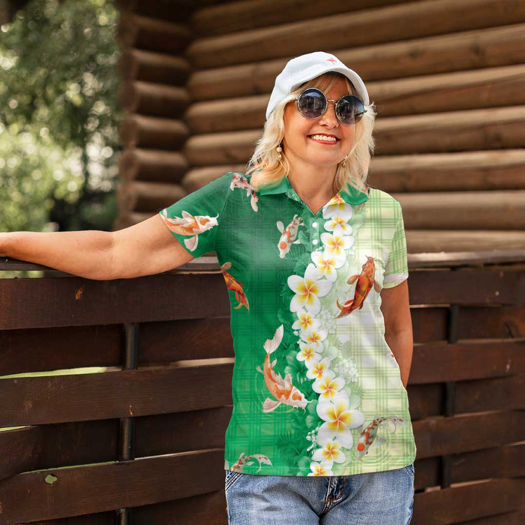 Hawaii And Japan Women Polo Shirt Plumeria Lei With Koi Fish Green LT05 - Polynesian Pride