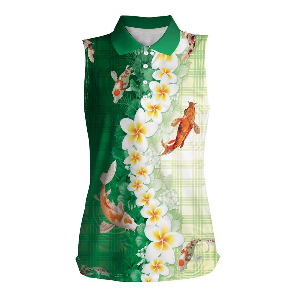Hawaii And Japan Women Sleeveless Polo Shirt Plumeria Lei With Koi Fish Green LT05 Female Green - Polynesian Pride