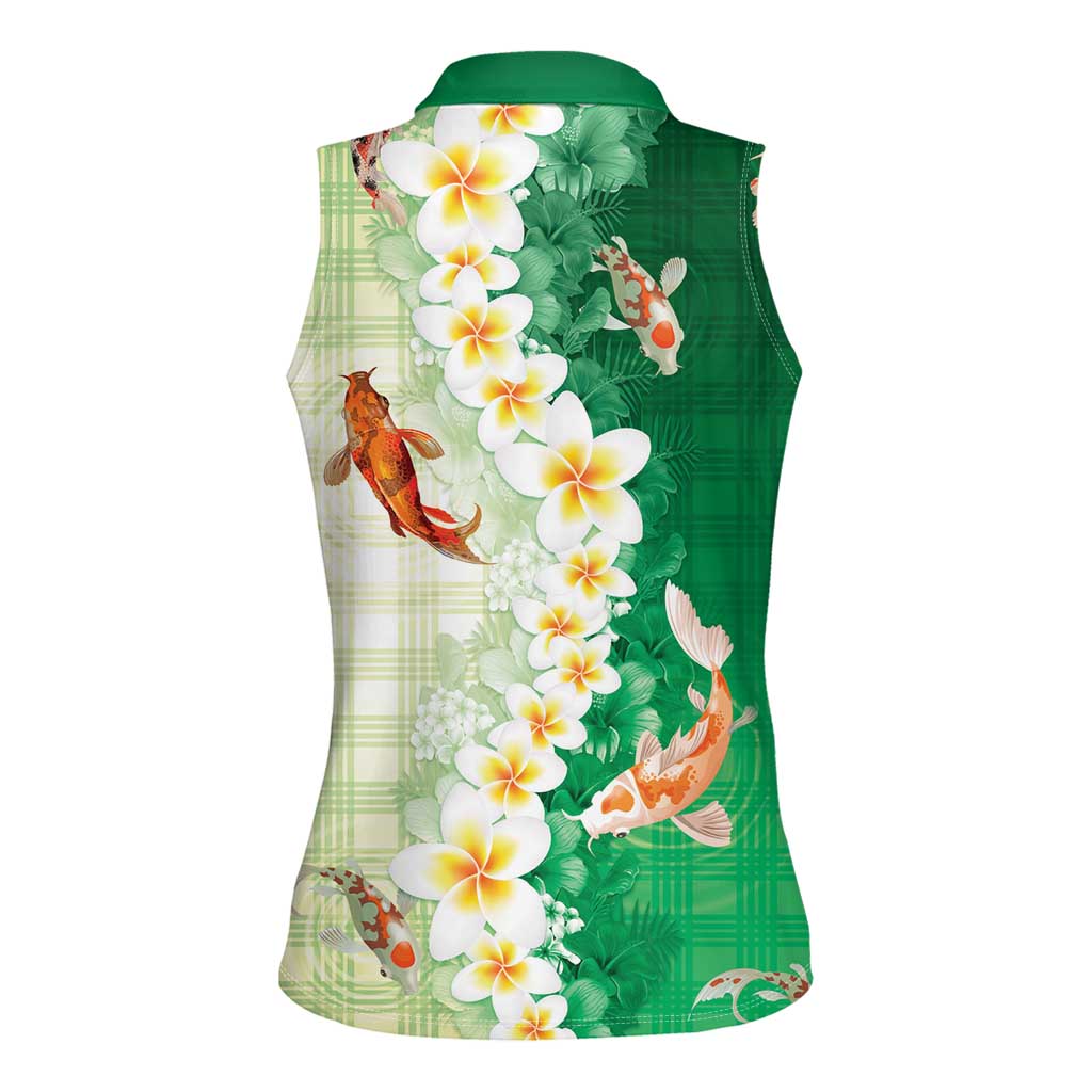 Hawaii And Japan Women Sleeveless Polo Shirt Plumeria Lei With Koi Fish Green LT05 - Polynesian Pride