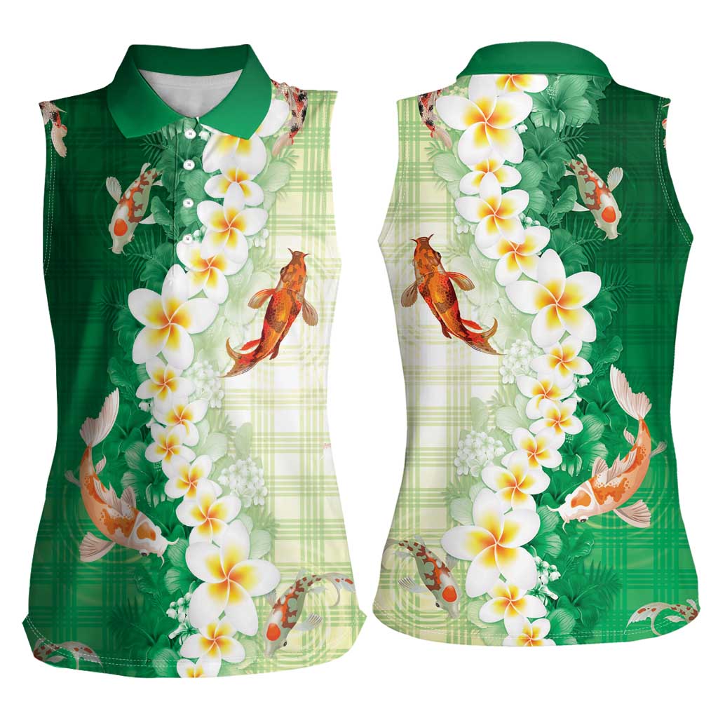 Hawaii And Japan Women Sleeveless Polo Shirt Plumeria Lei With Koi Fish Green LT05 - Polynesian Pride