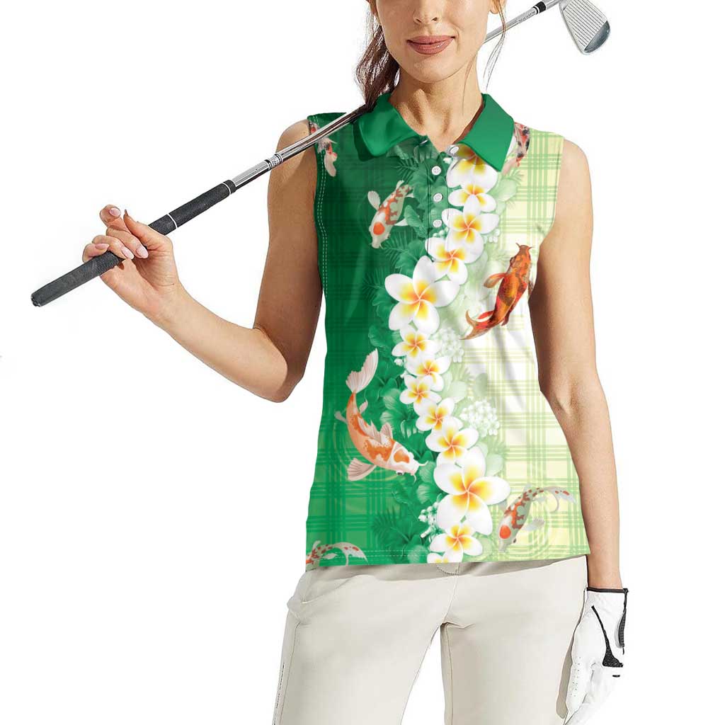 Hawaii And Japan Women Sleeveless Polo Shirt Plumeria Lei With Koi Fish Green LT05 - Polynesian Pride
