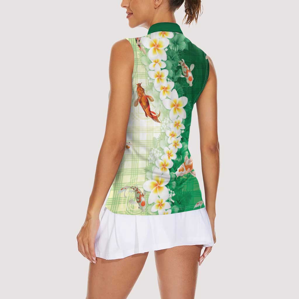 Hawaii And Japan Women Sleeveless Polo Shirt Plumeria Lei With Koi Fish Green LT05 - Polynesian Pride