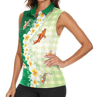 Hawaii And Japan Women Sleeveless Polo Shirt Plumeria Lei With Koi Fish Green LT05 - Polynesian Pride