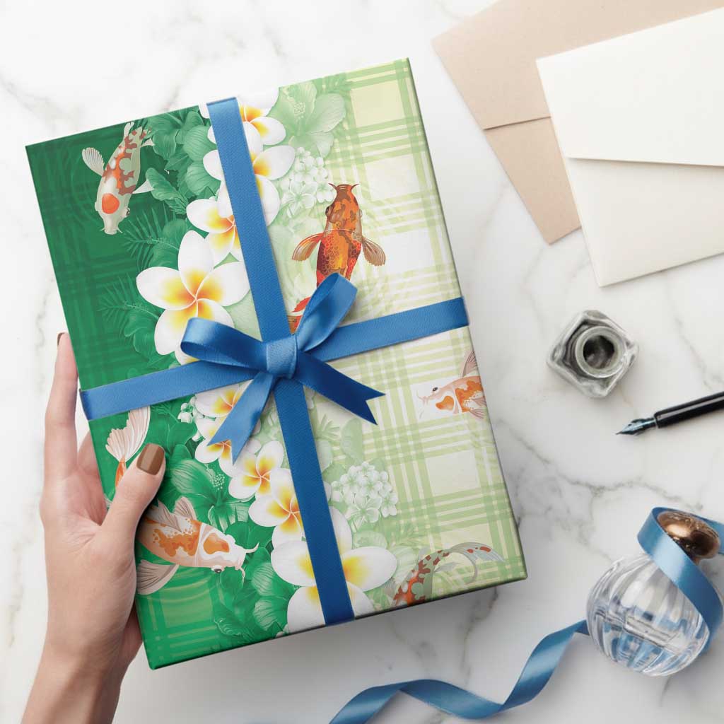 Hawaii And Japan Wrapping Paper Plumeria Lei With Koi Fish Green