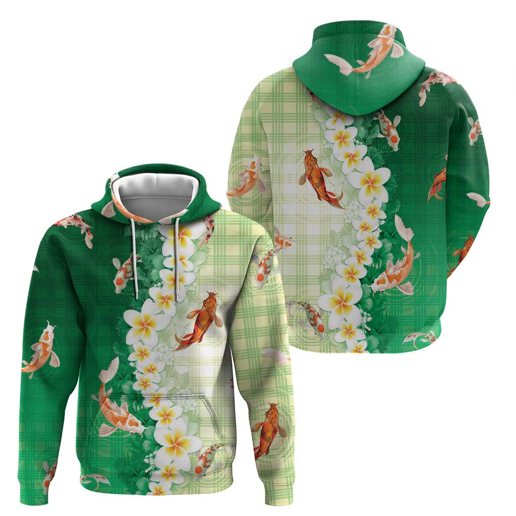 Hawaii And Japan Zip Hoodie Plumeria Lei With Koi Fish Green - Polynesian Pride