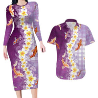 Hawaii And Japan Couples Matching Long Sleeve Bodycon Dress and Hawaiian Shirt Plumeria Lei With Koi Fish Purple LT05 Purple - Polynesian Pride