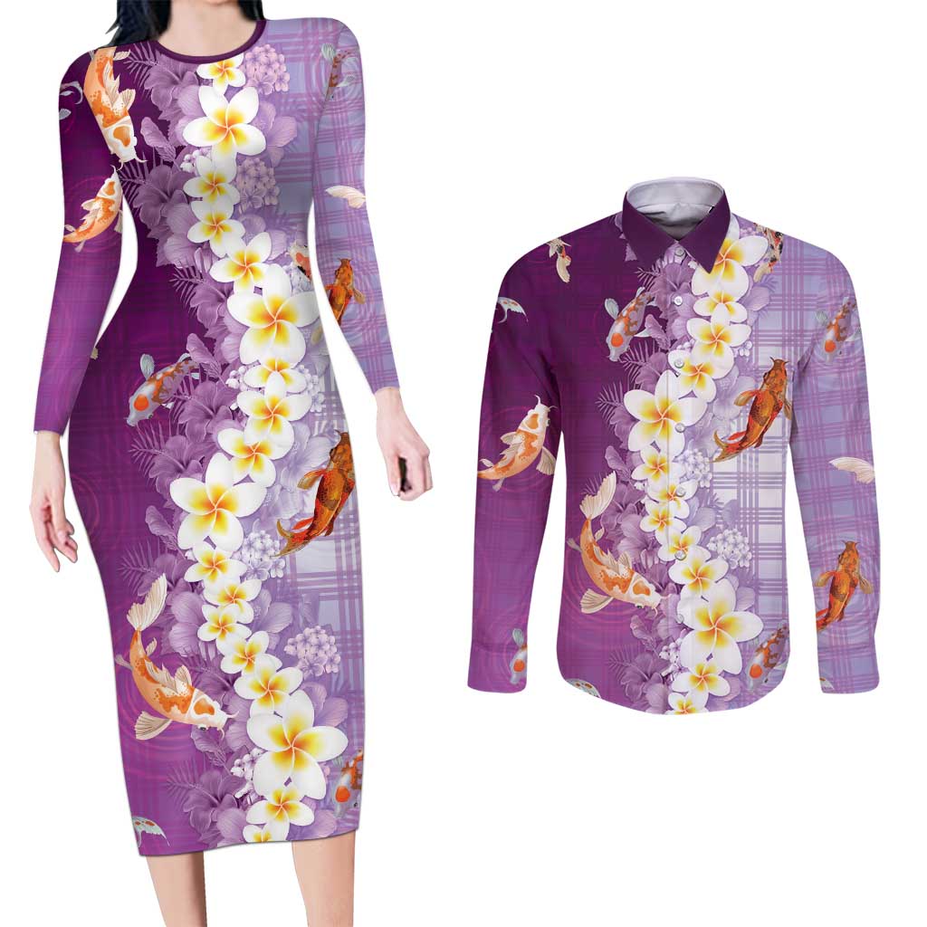 Hawaii And Japan Couples Matching Long Sleeve Bodycon Dress and Long Sleeve Button Shirt Plumeria Lei With Koi Fish Purple LT05 Purple - Polynesian Pride