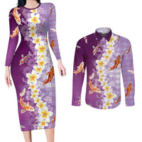 Hawaii And Japan Couples Matching Long Sleeve Bodycon Dress and Long Sleeve Button Shirt Plumeria Lei With Koi Fish Purple LT05 Purple - Polynesian Pride