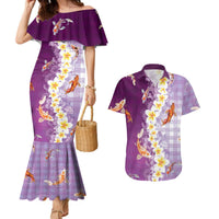 Hawaii And Japan Couples Matching Mermaid Dress and Hawaiian Shirt Plumeria Lei With Koi Fish Purple LT05 Purple - Polynesian Pride