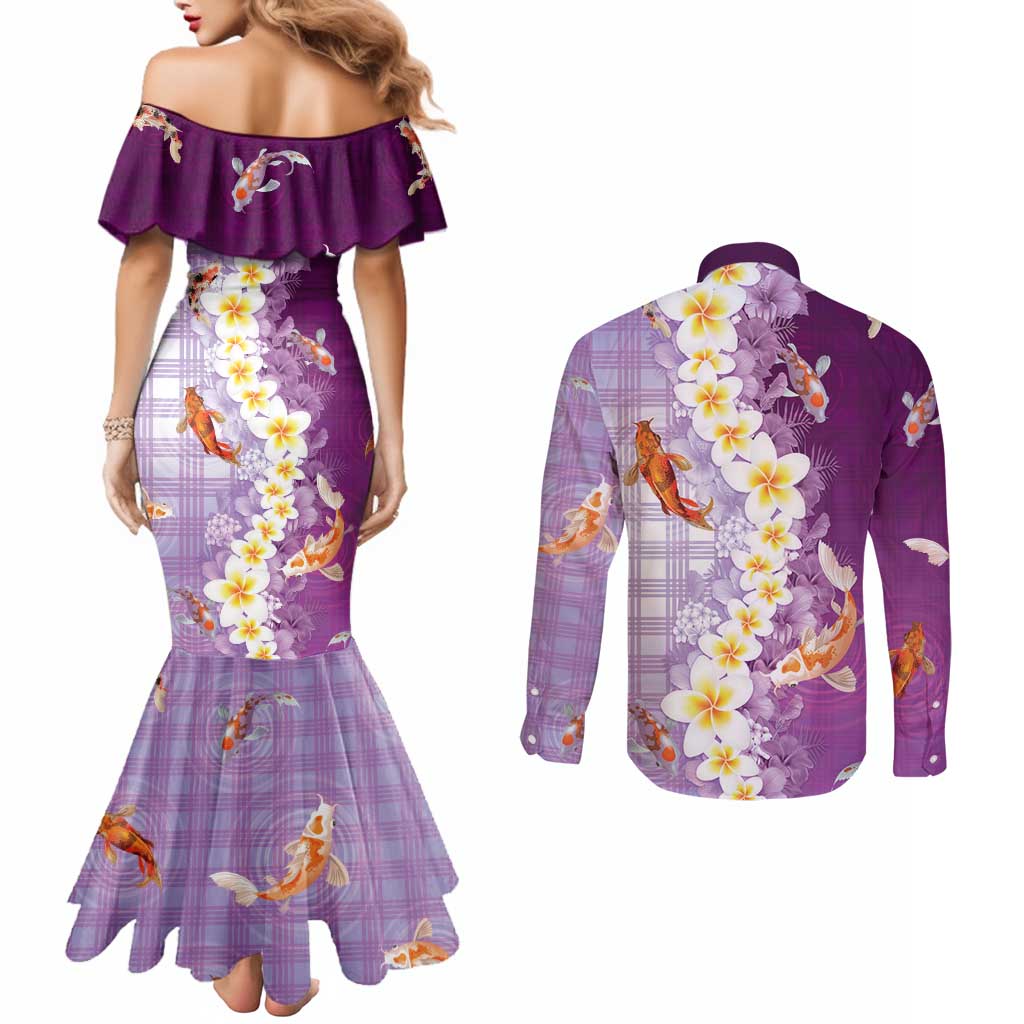 Hawaii And Japan Couples Matching Mermaid Dress and Long Sleeve Button Shirt Plumeria Lei With Koi Fish Purple LT05 - Polynesian Pride