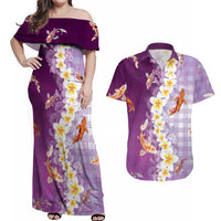 Hawaii And Japan Couples Matching Off Shoulder Maxi Dress and Hawaiian Shirt Plumeria Lei With Koi Fish Purple LT05 Purple - Polynesian Pride