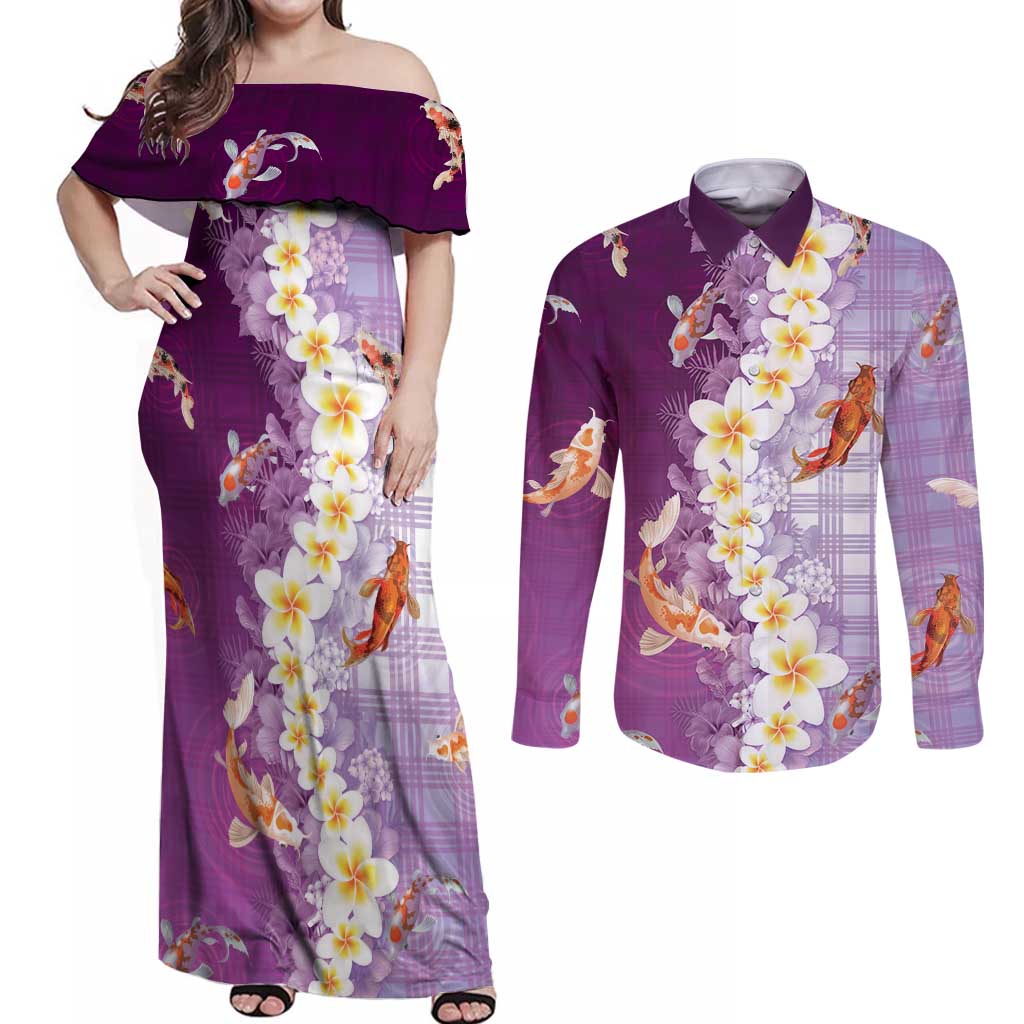 Hawaii And Japan Couples Matching Off Shoulder Maxi Dress and Long Sleeve Button Shirt Plumeria Lei With Koi Fish Purple LT05 Purple - Polynesian Pride