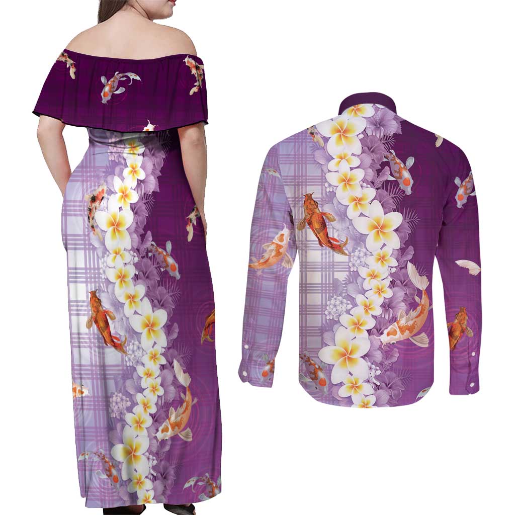 Hawaii And Japan Couples Matching Off Shoulder Maxi Dress and Long Sleeve Button Shirt Plumeria Lei With Koi Fish Purple LT05 - Polynesian Pride