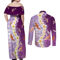 Hawaii And Japan Couples Matching Off Shoulder Maxi Dress and Long Sleeve Button Shirt Plumeria Lei With Koi Fish Purple LT05 - Polynesian Pride