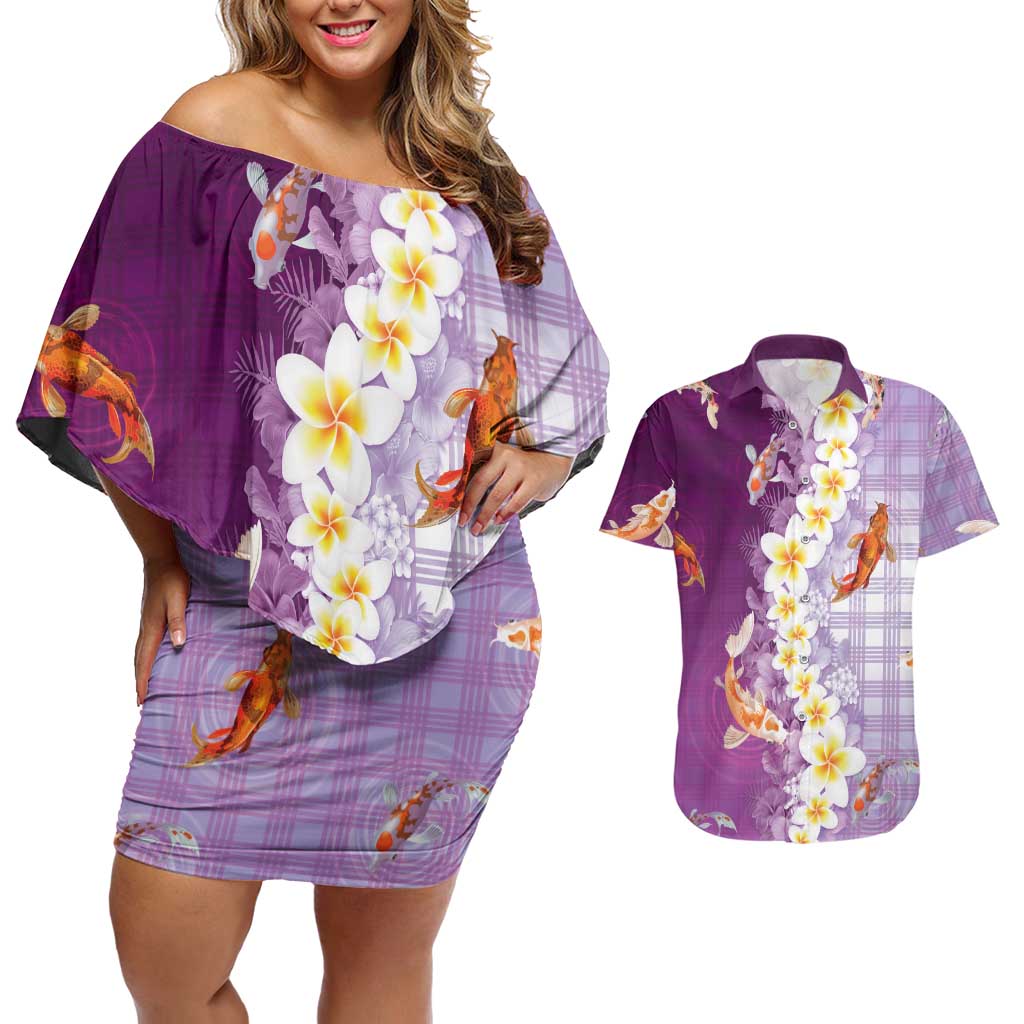 Hawaii And Japan Couples Matching Off Shoulder Short Dress and Hawaiian Shirt Plumeria Lei With Koi Fish Purple - Polynesian Pride