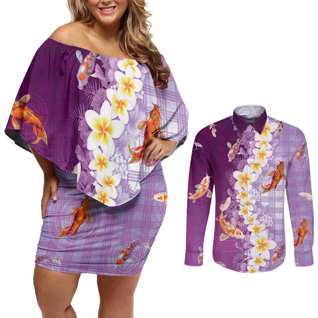 Hawaii And Japan Couples Matching Off Shoulder Short Dress and Long Sleeve Button Shirt Plumeria Lei With Koi Fish Purple LT05 Purple - Polynesian Pride