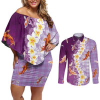 Hawaii And Japan Couples Matching Off Shoulder Short Dress and Long Sleeve Button Shirt Plumeria Lei With Koi Fish Purple LT05 Purple - Polynesian Pride