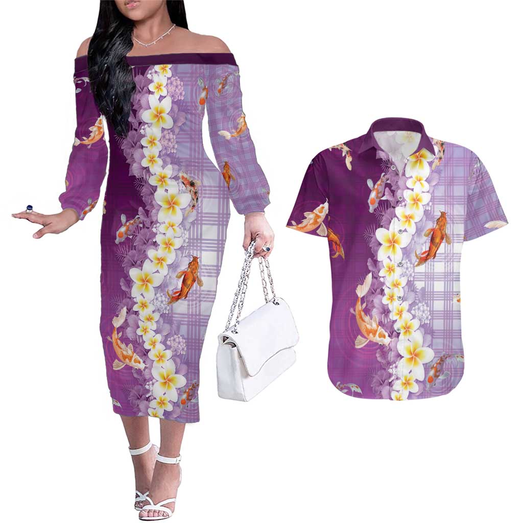 Hawaii And Japan Couples Matching Off The Shoulder Long Sleeve Dress and Hawaiian Shirt Plumeria Lei With Koi Fish Purple LT05 Purple - Polynesian Pride