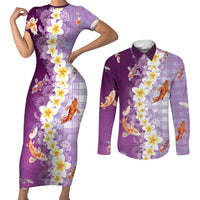 Hawaii And Japan Couples Matching Short Sleeve Bodycon Dress and Long Sleeve Button Shirt Plumeria Lei With Koi Fish Purple LT05 Purple - Polynesian Pride