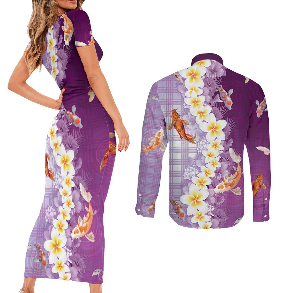 Hawaii And Japan Couples Matching Short Sleeve Bodycon Dress and Long Sleeve Button Shirt Plumeria Lei With Koi Fish Purple LT05 - Polynesian Pride