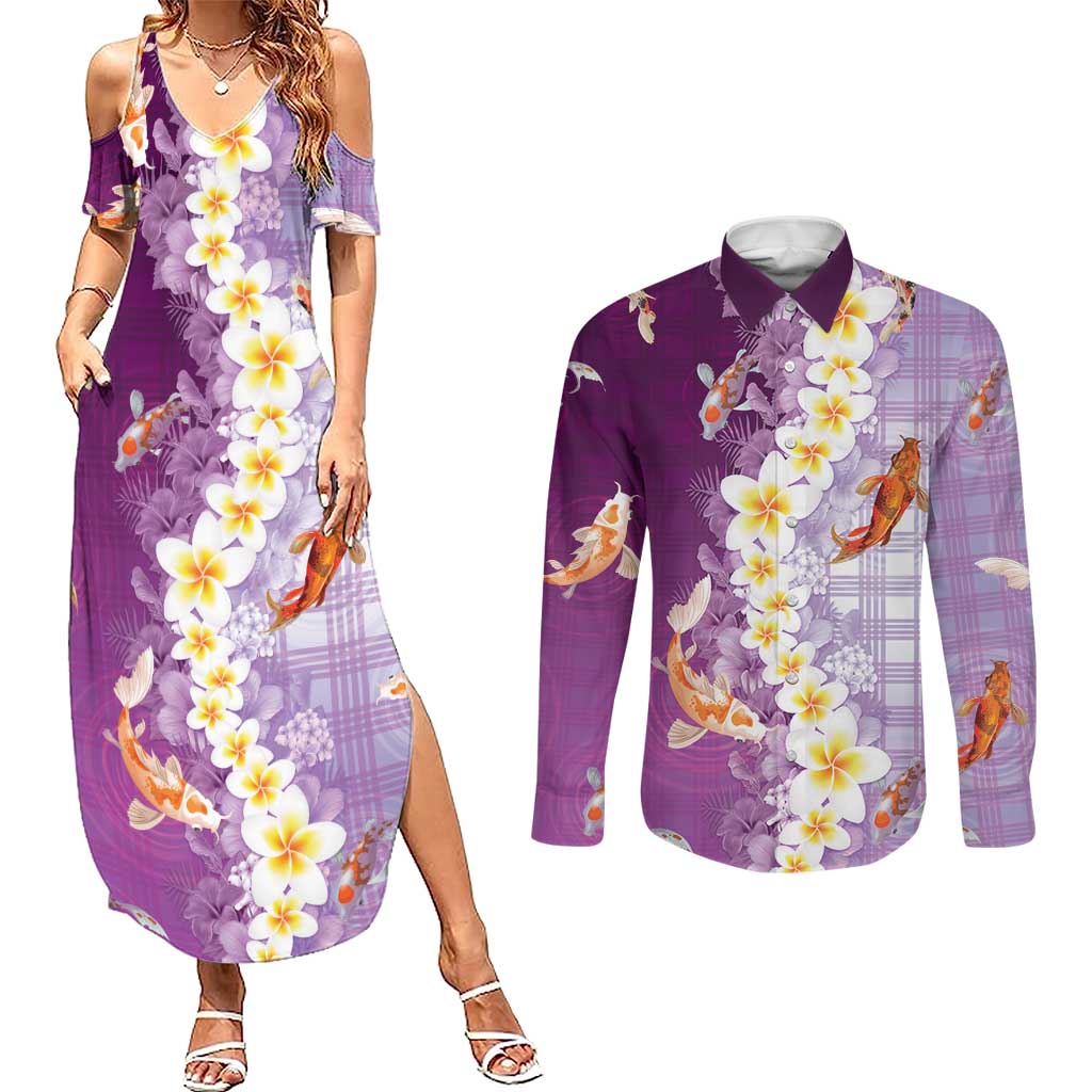 Hawaii And Japan Couples Matching Summer Maxi Dress and Long Sleeve Button Shirt Plumeria Lei With Koi Fish Purple LT05 Purple - Polynesian Pride