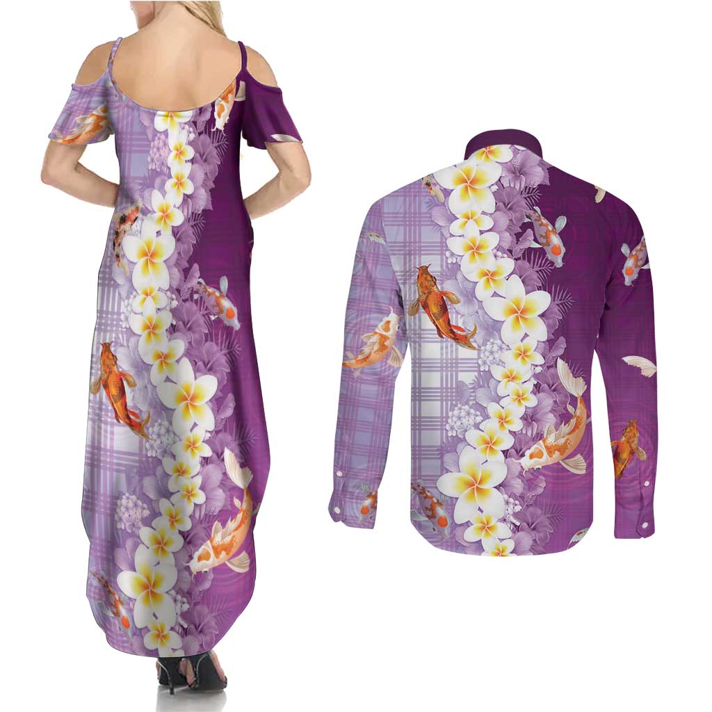 Hawaii And Japan Couples Matching Summer Maxi Dress and Long Sleeve Button Shirt Plumeria Lei With Koi Fish Purple LT05 - Polynesian Pride