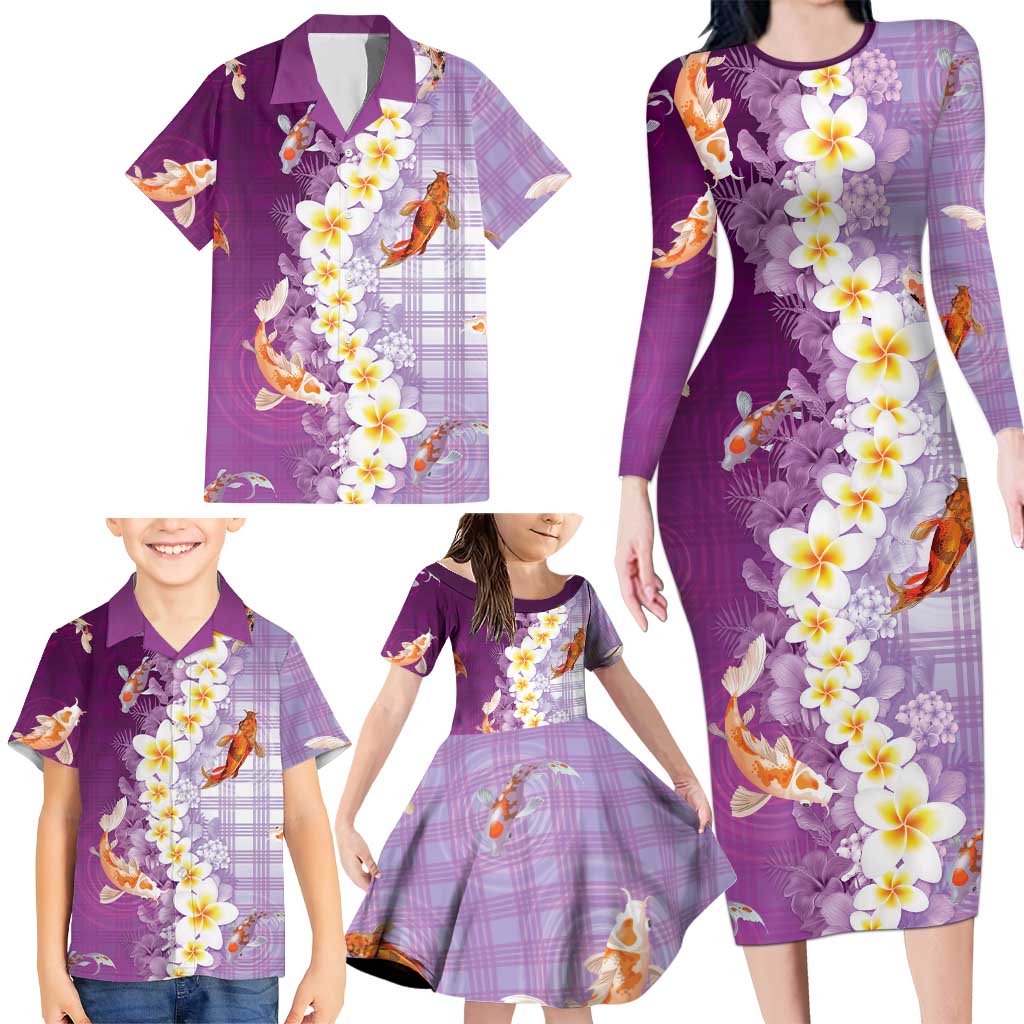 Hawaii And Japan Family Matching Long Sleeve Bodycon Dress and Hawaiian Shirt Plumeria Lei With Koi Fish Purple - Polynesian Pride