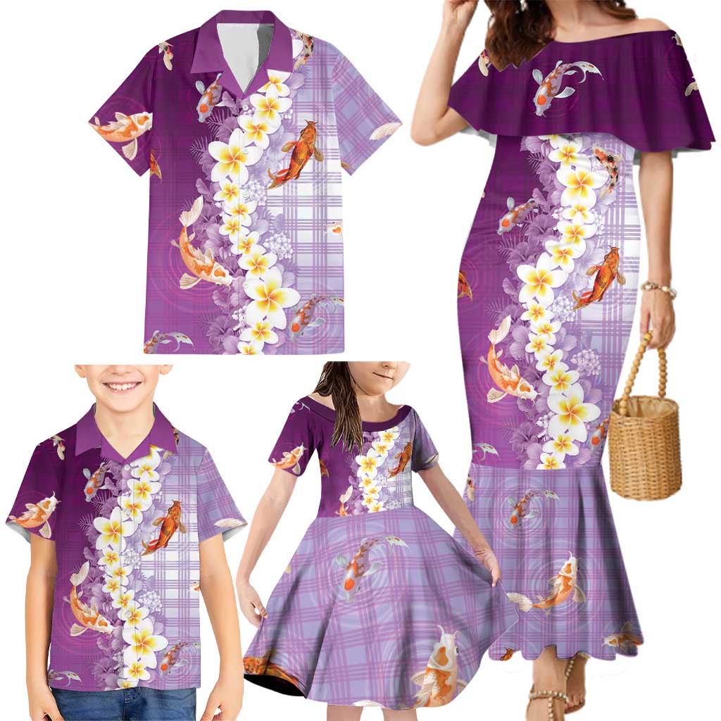 Hawaii And Japan Family Matching Mermaid Dress and Hawaiian Shirt Plumeria Lei With Koi Fish Purple LT05 - Polynesian Pride