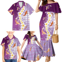 Hawaii And Japan Family Matching Mermaid Dress and Hawaiian Shirt Plumeria Lei With Koi Fish Purple LT05 - Polynesian Pride