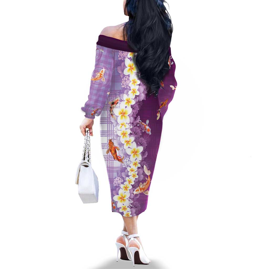 Hawaii And Japan Family Matching Off The Shoulder Long Sleeve Dress and Hawaiian Shirt Plumeria Lei With Koi Fish Purple LT05 - Polynesian Pride