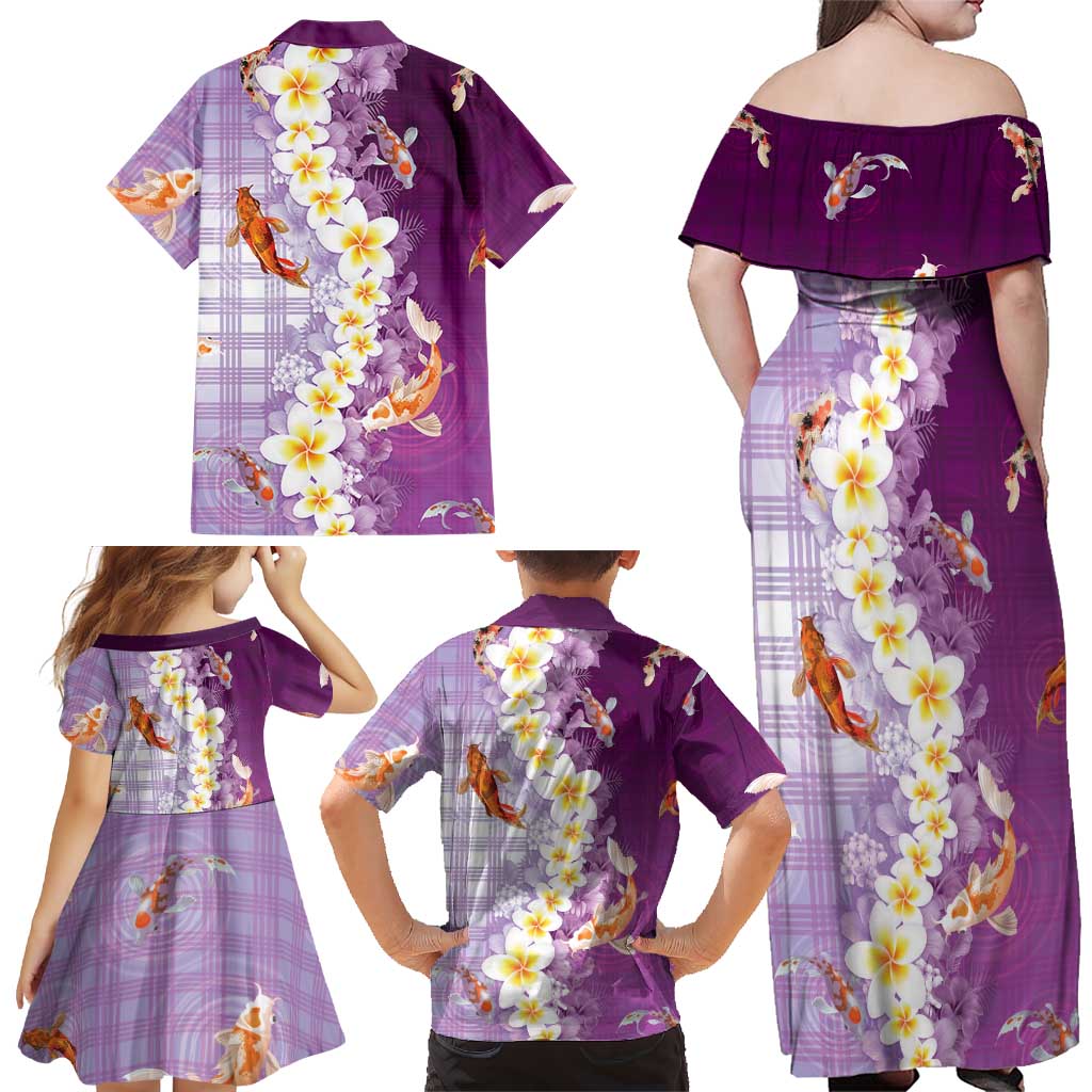 Hawaii And Japan Family Matching Off Shoulder Maxi Dress and Hawaiian Shirt Plumeria Lei With Koi Fish Purple LT05 - Polynesian Pride