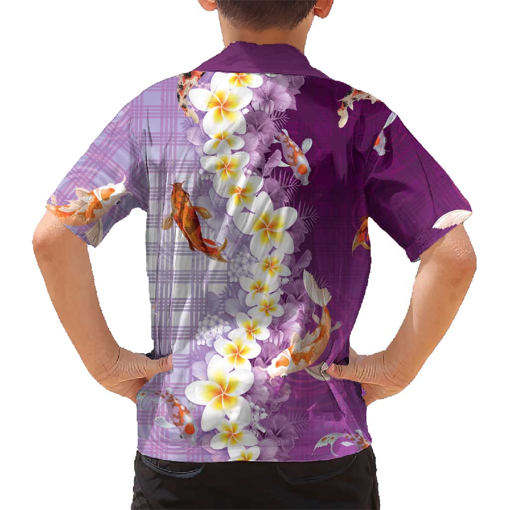 Hawaii And Japan Family Matching Off Shoulder Short Dress and Hawaiian Shirt Plumeria Lei With Koi Fish Purple LT05 - Polynesian Pride