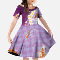 Hawaii And Japan Family Matching Off Shoulder Short Dress and Hawaiian Shirt Plumeria Lei With Koi Fish Purple LT05 Daughter's Dress Purple - Polynesian Pride