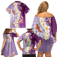 Hawaii And Japan Family Matching Off Shoulder Short Dress and Hawaiian Shirt Plumeria Lei With Koi Fish Purple LT05 - Polynesian Pride